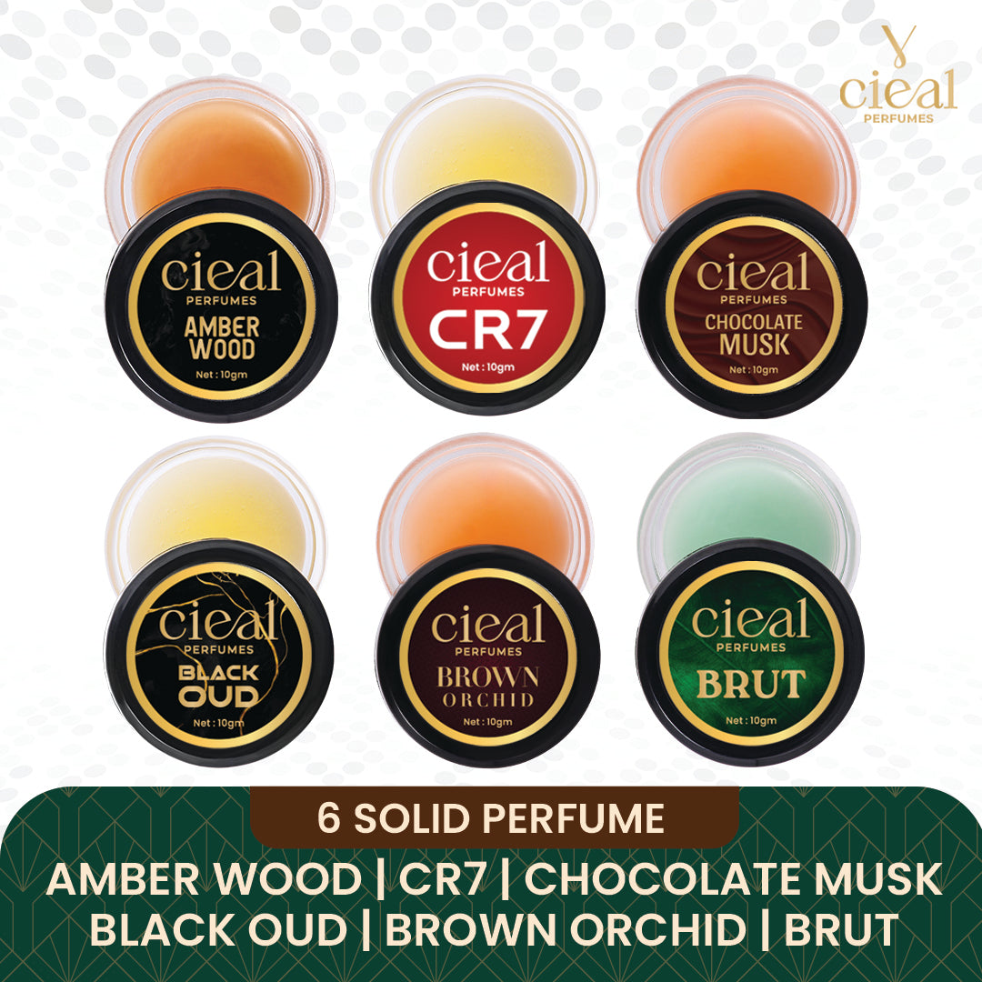 CIEAL Solid Perfume 6-Pack – Amber Wood | CR7 | Chocolate Musk | Black Oud | Brown Orchid | Brut.